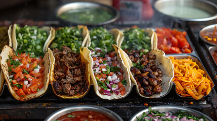 A fast-food restaurant serving tacos, offering a variety of savory fillings wrapped in warm tortillas. Enjoy a fusion of flavors, from traditional to innovative, crafted to satisfy your cravings for  - obrazy, fototapety, plakaty