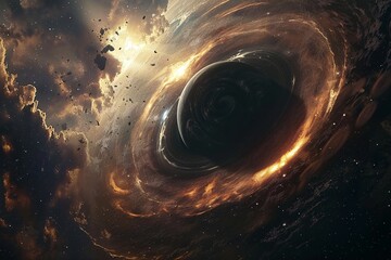 3D visualization - immense gravitational vortex consumes extraterrestrial world, sci-fi idea.