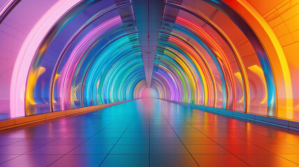 Image of a giant, empty spaceship hall. Futuristic and modern textures Reflecting colors creates a spectrum.
