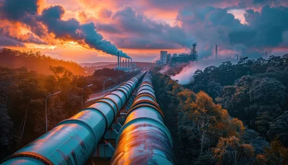 Zelfklevend Fotobehang A view of the gas pipeline from a high point: an impressive infrastructure landscape © ЮРИЙ ПОЗДНИКОВ
