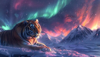 Amur tiger amidst the glow of the northern light - obrazy, fototapety, plakaty