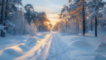 Obraz premium Sunlight filtering through snowy trees on a forest road under a clear sky