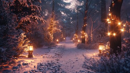 A snowy woodland path illuminated by lanterns and lined with holiday decorations, inviting...
