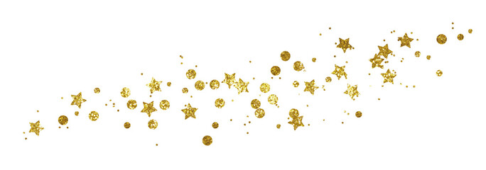 Golden glitter confetti and stars in a line arrangement isolated on white or transparent background
