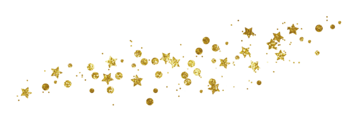 Golden glitter confetti and stars in a line arrangement isolated on white or transparent background