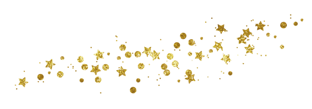 Golden glitter confetti and stars in a line arrangement isolated on white or transparent background
