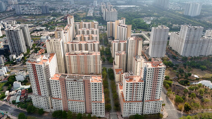 Aerial view from drone, group of Highrise apartment building, real estate for family living, many block with flats from property developing at Ho chi Minh, Asia city, Vietnam