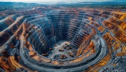 Fotobehang Aerial view of open pit mine with symmetrical patterns in natural landscape © ЮРИЙ ПОЗДНИКОВ