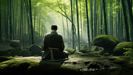 Japanese man meditating in the bamboo forest. Traditional japanese lifestyle.