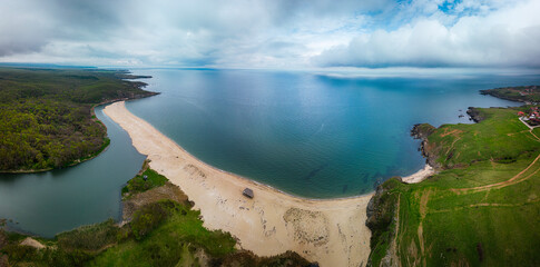 Aerial panorama of beach at the mouth of the Veleka River, Sinemorets village, Burgas Region, Bulgaria