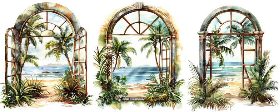 watercolor, vintage beautiful tropical beach scene inside an arched window with palm trees and plants clipart on white background