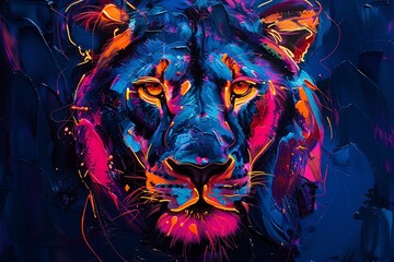 Energetic painting of a lion under blacklight, its determined posture highlighted with neon strokes, vivid against the darkness - obrazy, fototapety, plakaty