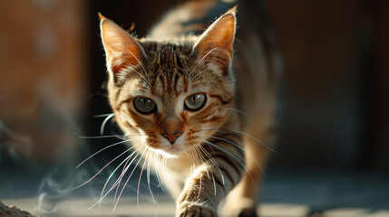 Close-up of a tabby cat with focused eyes in natural light.