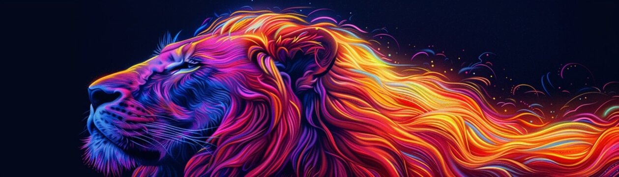 Majestic lion in a blacklight painting, determination captured in glowing, radiant colors, a vivid symbol of strength and resolve