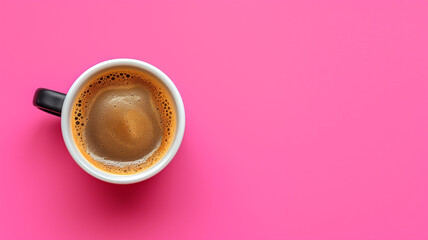 Minimalist composition of a hot coffee cup with a black handle on a striking pink surface, Concept of vibrant wake-up calls and pop culture aesthetic