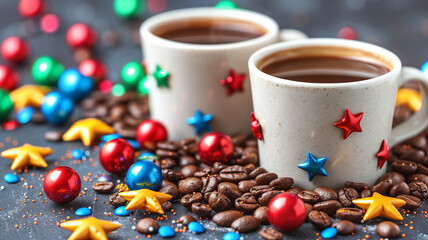 Festive coffee cups adorned with colorful stars among scattered roasted beans and holiday baubles,...