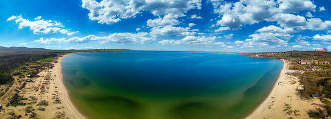 Amazing day aerial view.  Seascape of the rocks at the coastline of Chernomorets, Burgas region,...