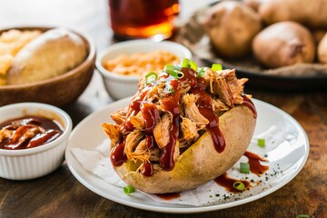 Baked potato with pulled pork and bbq sauce