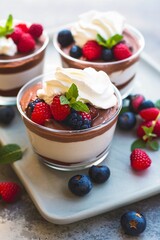 Chocolate pudding dessert with fresh berries and whipped cream