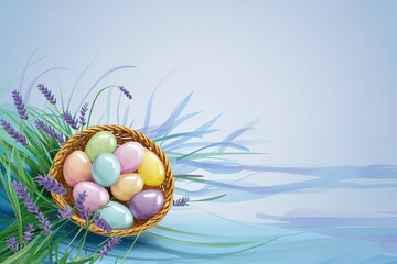 colorful Easter eggs in a basket on a blue background with lavender flowers