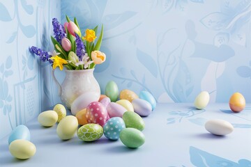 Easter colorful eggs on a blue background with spring flowers in a vase