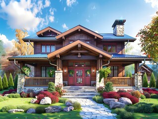 Ultrarealistic photo of the front view of an elegant craftsman style house with detailed...