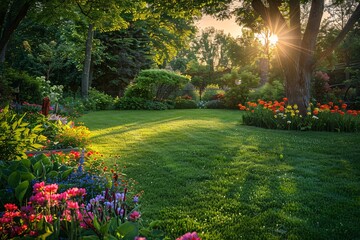 Lush English garden during the month of June. - obrazy, fototapety, plakaty