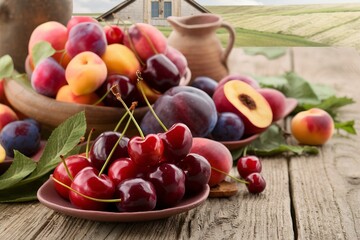 Fresh stone fruits cherries peaches plums on wooden table