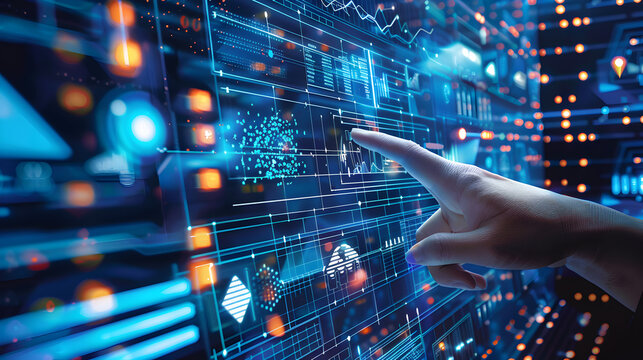 Close-up of a hand interacting with a futuristic transparent touchscreen with glowing data and graphs.


