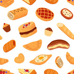 Backdrop with bakery, baked food, flour dessert. Repeatable pattern of fresh pastry- bread, cake, croissants, cupcakes. Endless background with bakehouse products. Flat seamless vector illustration