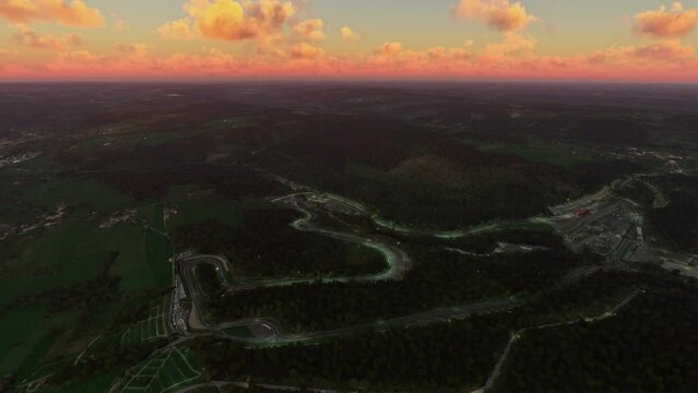 Sunset aerial view of the Circuit of Spa-Francorchamps in Stavelot. Belgium