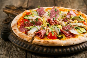 Italian pizza with chicken, salami, zucchini, tomatoes and herbs on vintage wooden background