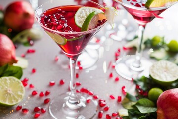Pomegranate martini with slices of lime and pomegranate seeds