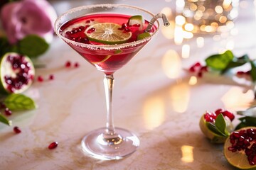 Pomegranate martini with slices of lime and pomegranate seeds
