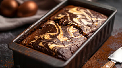 Chocolate marble cake in baking dish, moist and fudgy.