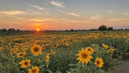 Obraz premium Sunflowers in full bloom at sunset