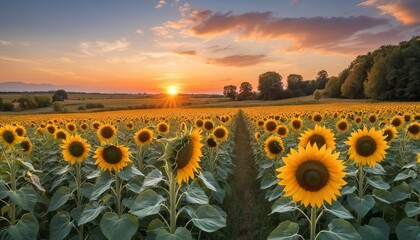 Sunflowers in full bloom at sunset