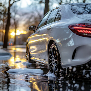 Pictures of cars, wading through water, washing cars