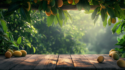 Copy space of wood branch with green leaves and Mango fruit tree, Empty table, Podium and product stand for Mango tropical fruit product and Juice concept. - obrazy, fototapety, plakaty
