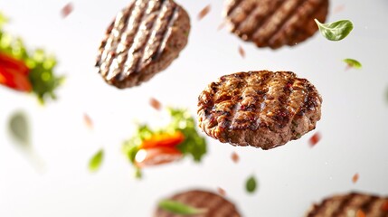 Tasty grilled beef patties dropping on a blank surface, scrumptious grilled burger patties...