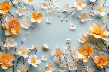 A bright combination of white and yellow colors on a blue background. AI.