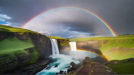 The entire arc of the rainbow appears beside a waterfall, while clearly showing its starting and ending points, creating a breathtaking natural beauty.