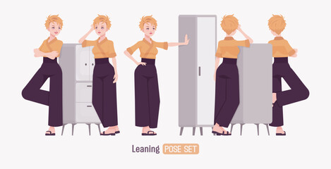 Attractive young woman wearing kimono set, furniture lean pose. Office girl in wrap blouse, high waist wide leg pants, sushi restaurant work wear, Japanese style waiter overall. Vector illustration