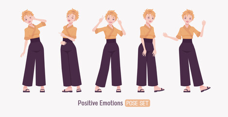Attractive young woman wearing kimono set, happy joy emotion pose. Office girl in wrap blouse, high waist wide leg pants, sushi restaurant work wear, Japanese style waiter overall. Vector illustration