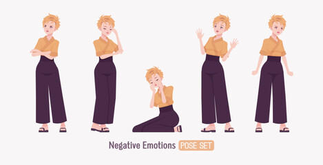 Attractive young woman wearing kimono set, negative bad emotion pose. Office girl, wrap blouse, high waist wide leg pants, sushi restaurant work wear Japanese style waiter overall. Vector illustration