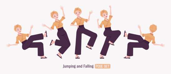 Attractive young woman wearing kimono set, jump, fall pose. Office girl, wrap blouse, high waist wide leg pants, sushi restaurant elegant work wear, Japanese style waiter overall. Vector illustration
