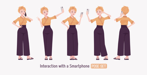 Attractive young woman wearing kimono set, smartphone user pose. Office girl in wrap blouse, high waist wide leg pants, sushi restaurant work wear, Japanese style waiter overall. Vector illustration