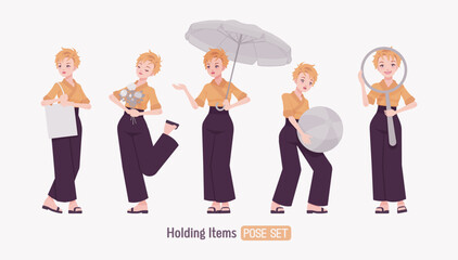 Attractive young woman wearing kimono set, holding objects pose. Office girl in wrap blouse, high waist wide leg pants, sushi restaurant work wear, Japanese style waiter overall. Vector illustration