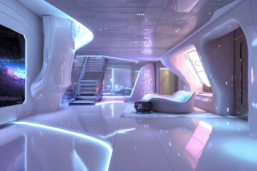 Futuristic interior room with high technology and luxury style, cyber living room with neon light and reflection.