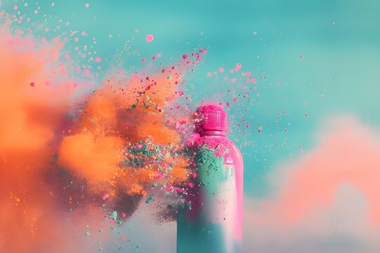 Pink aerosol can with cloud of colored powders stock photo in the style of light orange.